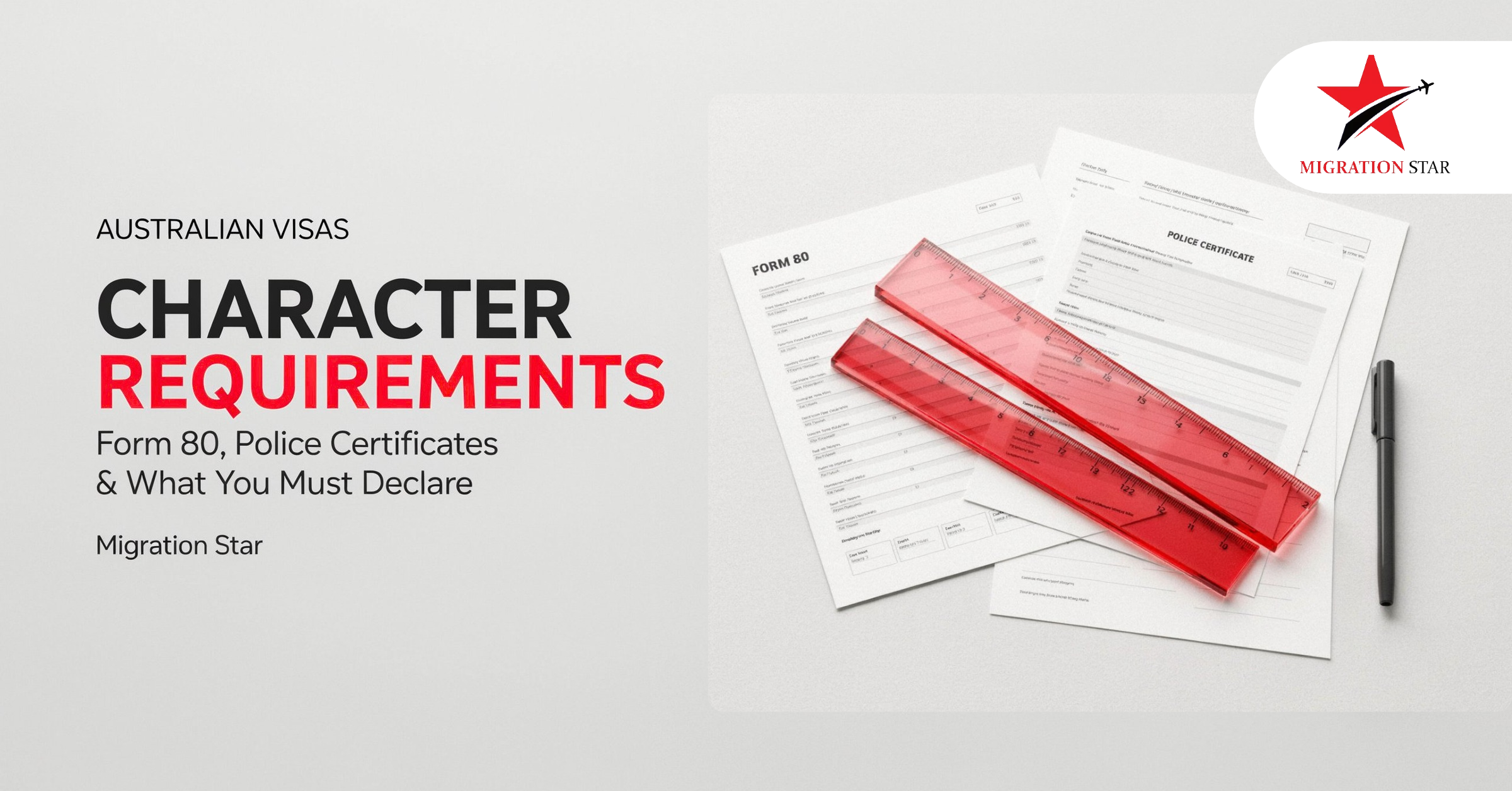 Applicant preparing documents for the Australian visa character requirement, including Form 80 and police certificates